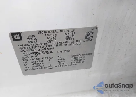 2014 Chevrolet Silverado 1500 2Lt z USA, uszkodzony, nr VIN 1GCVKREC6EZ219216